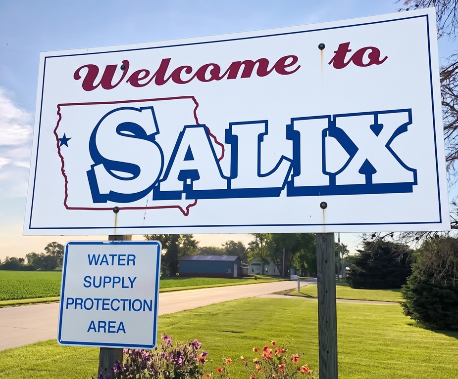 Welcome to Salix, Iowa and Water Supply Protection Area sign