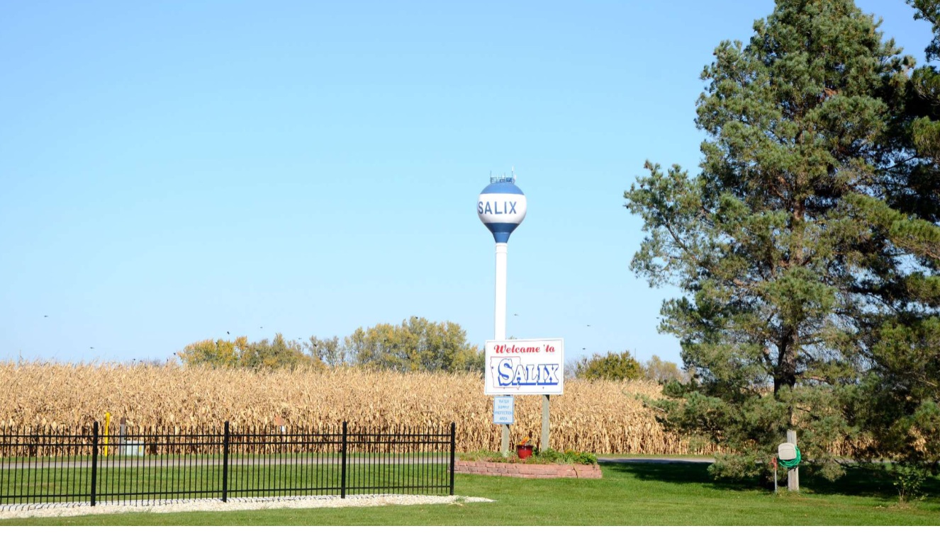 Salix water tower rising above golden cornfields